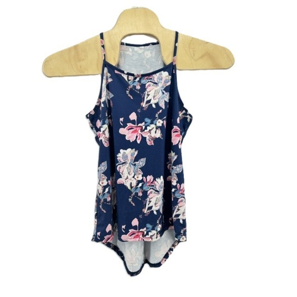 Unbranded Navy Pink Floral Halter Tank Top Hi Low Hem Spaghetti Strap Large